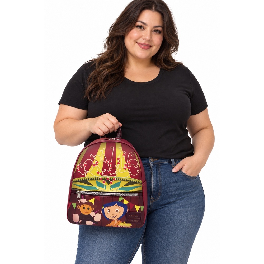 LOUNGEFLY Coraline Circus Mini Backpack Burgundy Mouse Show NWOT